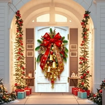 Cinvoph Christmas Door Cover for Front Door Golden Bell Red Bow Holiday Decor Banner, Indoor Outdoor Xmas Backdrop Wall Festive Winter Seasonal Decor for Home Party Entryway 35"x71"