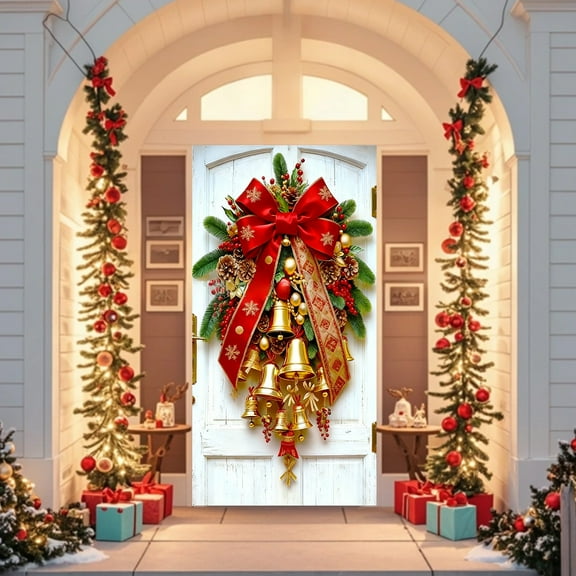 Cinvoph Christmas Door Cover for Front Door Golden Bell Red Bow Holiday Decor Banner, Indoor Outdoor Xmas Backdrop Wall Festive Winter Seasonal Decor for Home Party Entryway 35"x71"