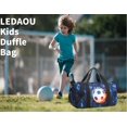 thumbnail image 2 of Bolsa de lona para niños y niñas, viajes nocturnos, deporte, gimnasio, fin de semana, bolsa de hombro con compartimento para zapatos y bolsillo húmedo (fútbol negro y azul), 2 of 9