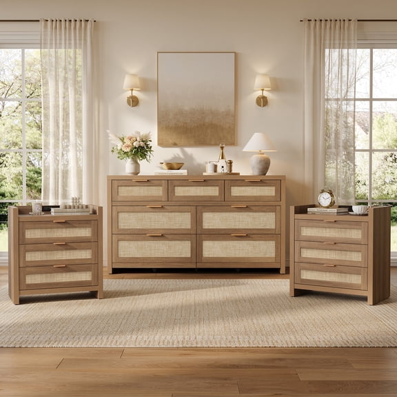 SICOTAS 3-Piece Bohemian Bedroom Set – 7-Drawer Dresser & 3-Drawer Nightstand with Charing Rattan Bderoom Funiture Set with Massive Storage 3 Piece, Oak