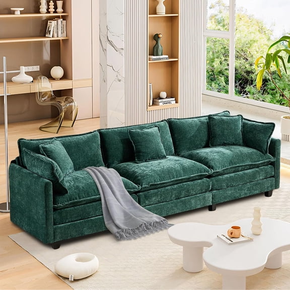 YWEN 113.78" Chenille Sectional Sofa, Comfy Modular Loveseat Sofa, Modern 3-Seat Couch Deep Seat Sofa Set for Living Room,Green