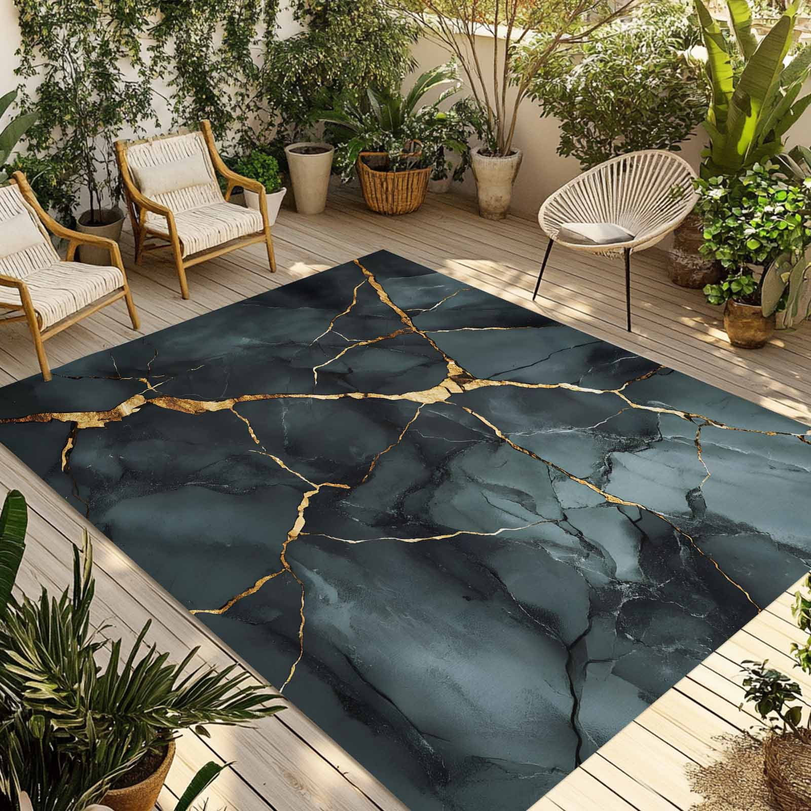 Outdoor Rug 5x8ft Blue Marble Large Area Rug Golden Ripple Indoor Outdoor Carpet Outdoor Rugs Mats for Patio Camping,RV,Front Door, Outside Decor