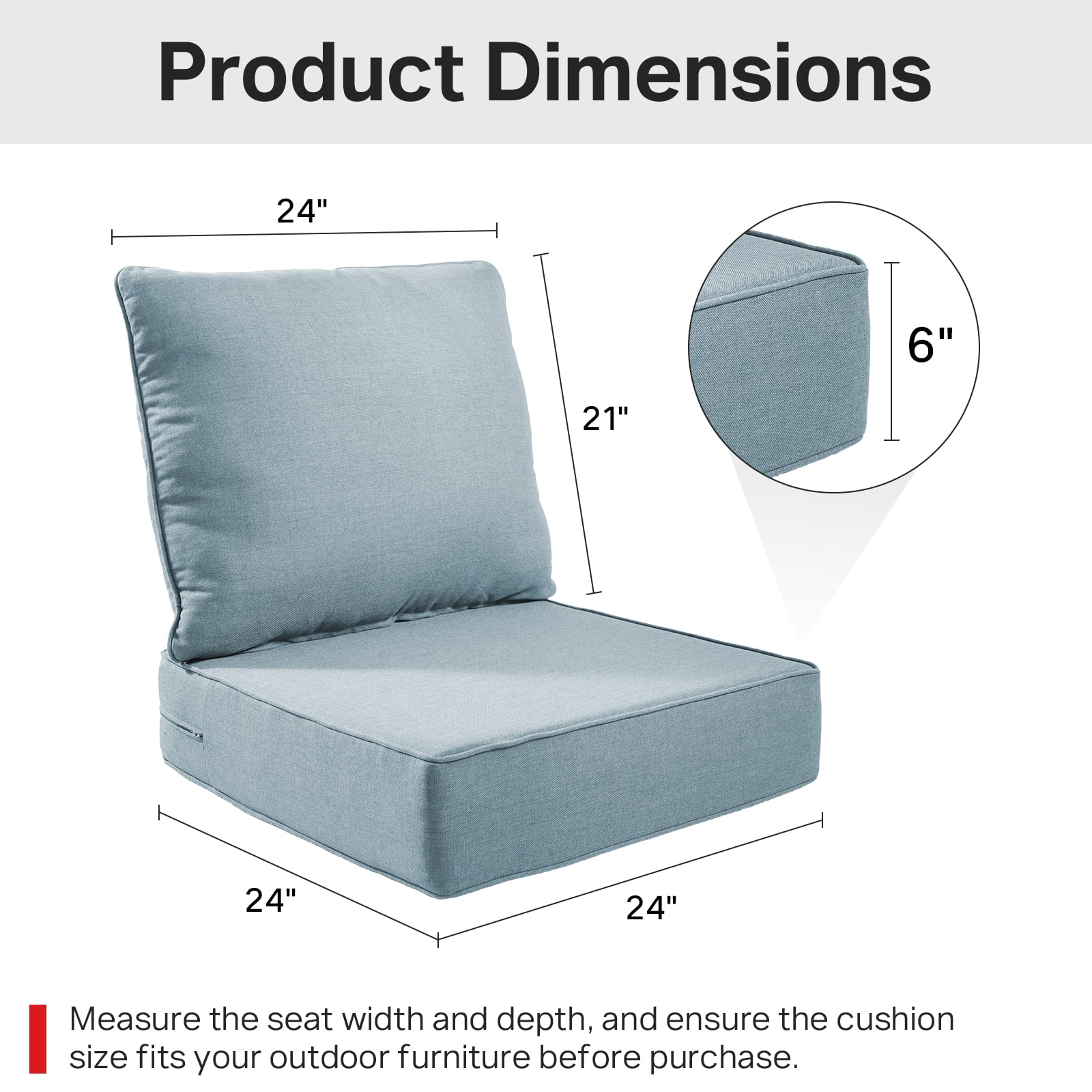 POCASSY 6" Thick Outdoor Chair Cushions Set of 3, 24" x 24" x 6" Outdoor Cushions for Patio Furniture, Deep Seat and High Back Cushion for Patio Rocking Dining Chair and Couch, Lake Blue
