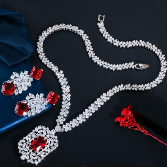 Square Leaf Cluster Necklace Earrings Set CZ Silver Plated Red Bridal Jewelry