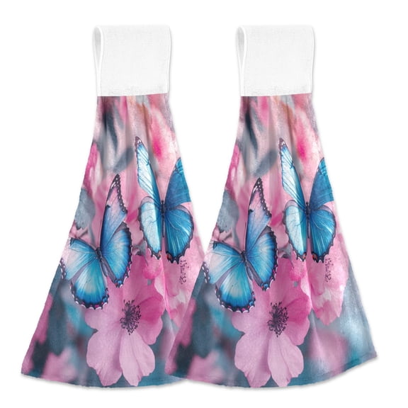 BZSMCE Hanging Hand Towels Fashion Blue Flutter Serenade Pattern 2-Pack - Velcro Style Bathroom Kitchen Towels
