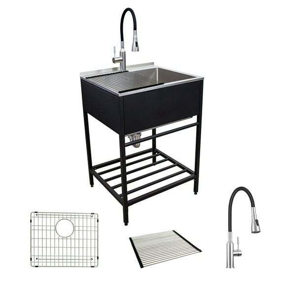 Transolid 25-in. Stainless Steel Laundry Sink with Wash Stand Black