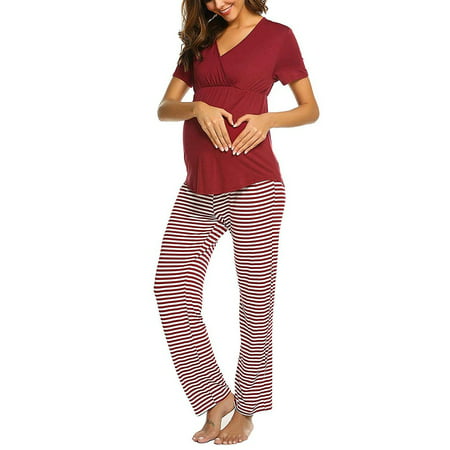 2019 Women Maternity V-neck Nursing Baby T-shirt Tops+Stripe Pants Pajamas (Best Women's Pajamas 2019)