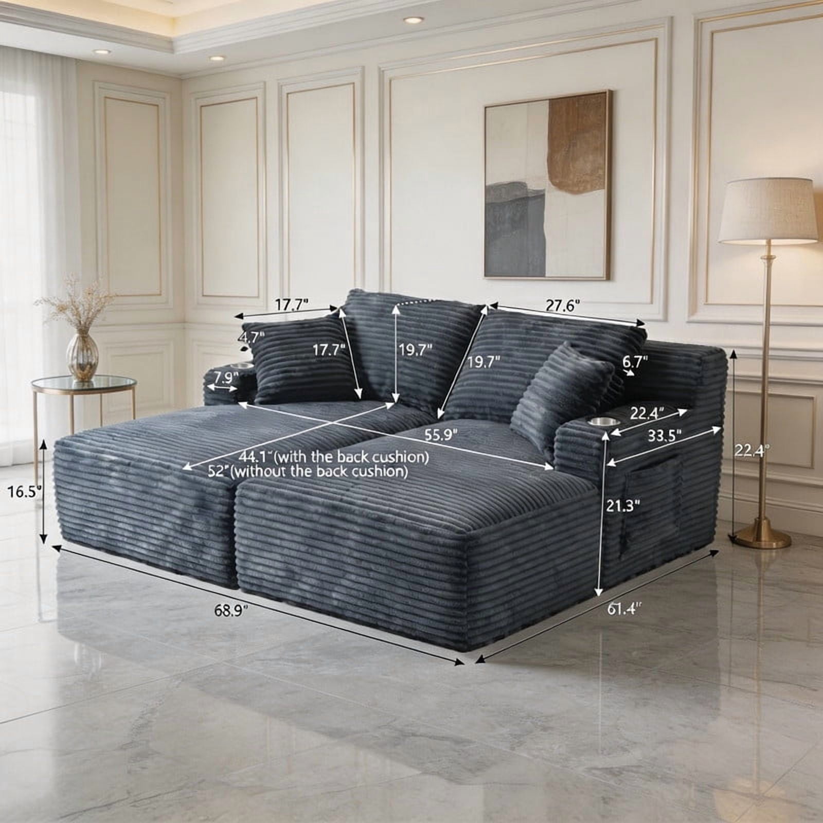 69" Double Chaise Lounge Chair Indoor, Boneless Sofa Bed with Cup Holder Loveseat Sleeper Reading Chairs Comfy Cloud Sofas Couches for Living Room No Assembly Required Plush Corduroy Grey