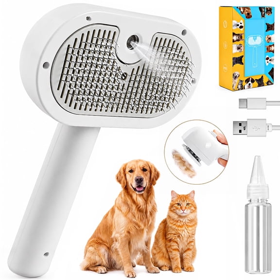 Electric Pet Spray Grooming Brush for Dogs and Cats, Rechargeable Self Cleaning Deshedding Comb, White