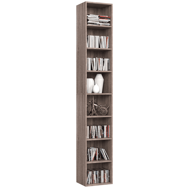 Homfa Bibliothèque Étroite avec 8 Étagères, Cubes de Rangement pour CD DVD, Chêne Foncé