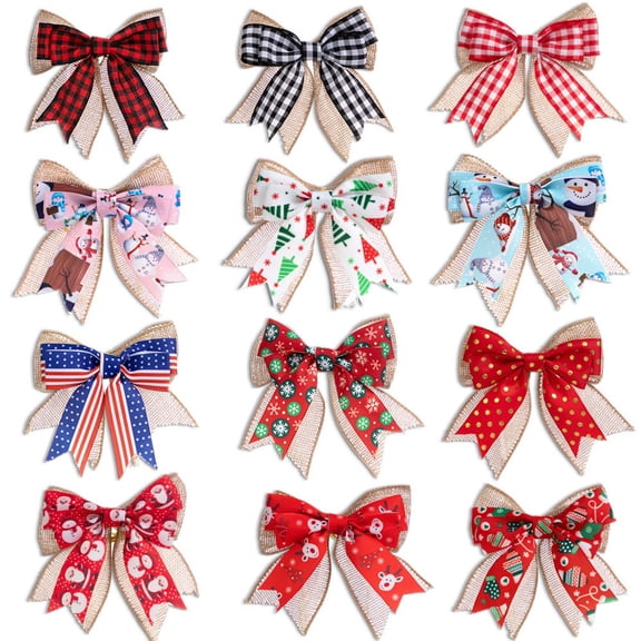 Classic Burlap Christmas Bows Outdoor Decorations 6 Pieces Wreaths Bows Ties Christmas Tree Decoration Bows Gift Bows Xmas Decorative Bows Ornament for Home Wedding