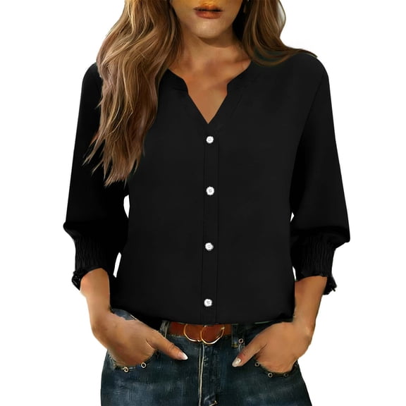 Htigea Women's Notch V-Neck T-Shirts 3/4 Sleeve Smocked Cuffs Tops Dressy Button Down Work Tees Solid Color Blouses Black S