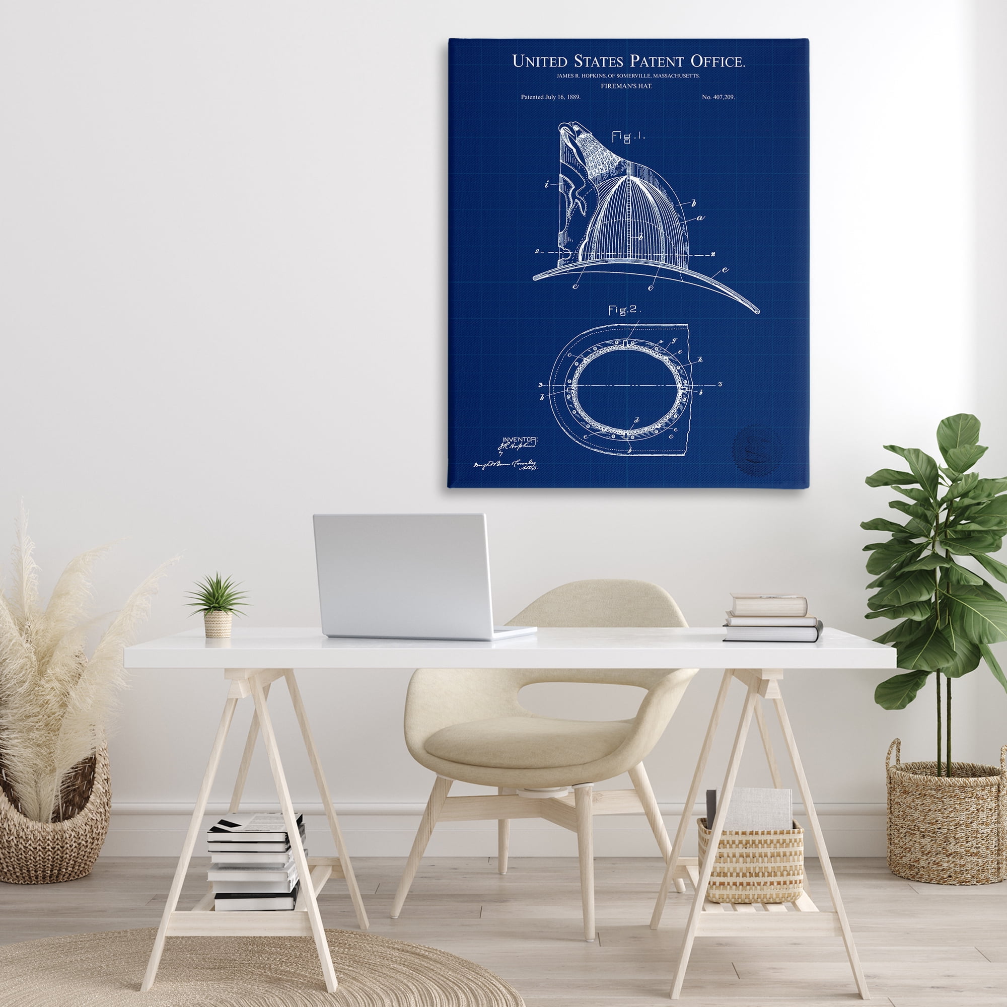 Stupell Industries Fireman's Hat Blueprint Typography Painting Gallery Wrapped Canvas Art Print Wall Art, 36 x 48