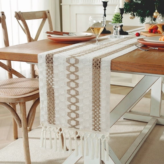 Boho Table Runner with Tassels,72 Inches Long Furniture Farmhouse Rustic Macrame Burlap Table Decoration for Living Room (12x72 Inches)