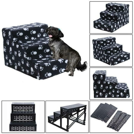 Portable Pet Safety Ramp - Pet 3-Steps Stairs Soft Portable Cat Dog Ramp Ladder Small Climb With Fleece Cover For Puppy Kitten High Bed Non-Slip-Black