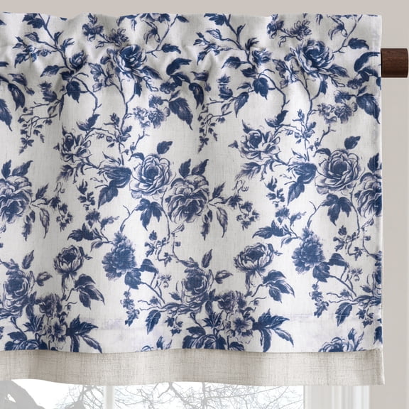 NICETOWN Valance Curtains for Windows, Double Layer Floral Linen Kitchen Curtains, Rod Pocket Farmhouse Peony Pattern Semi Sheer Light Filtering Linen Cafe Curtains, Blue, 52"x18", 1 Panel