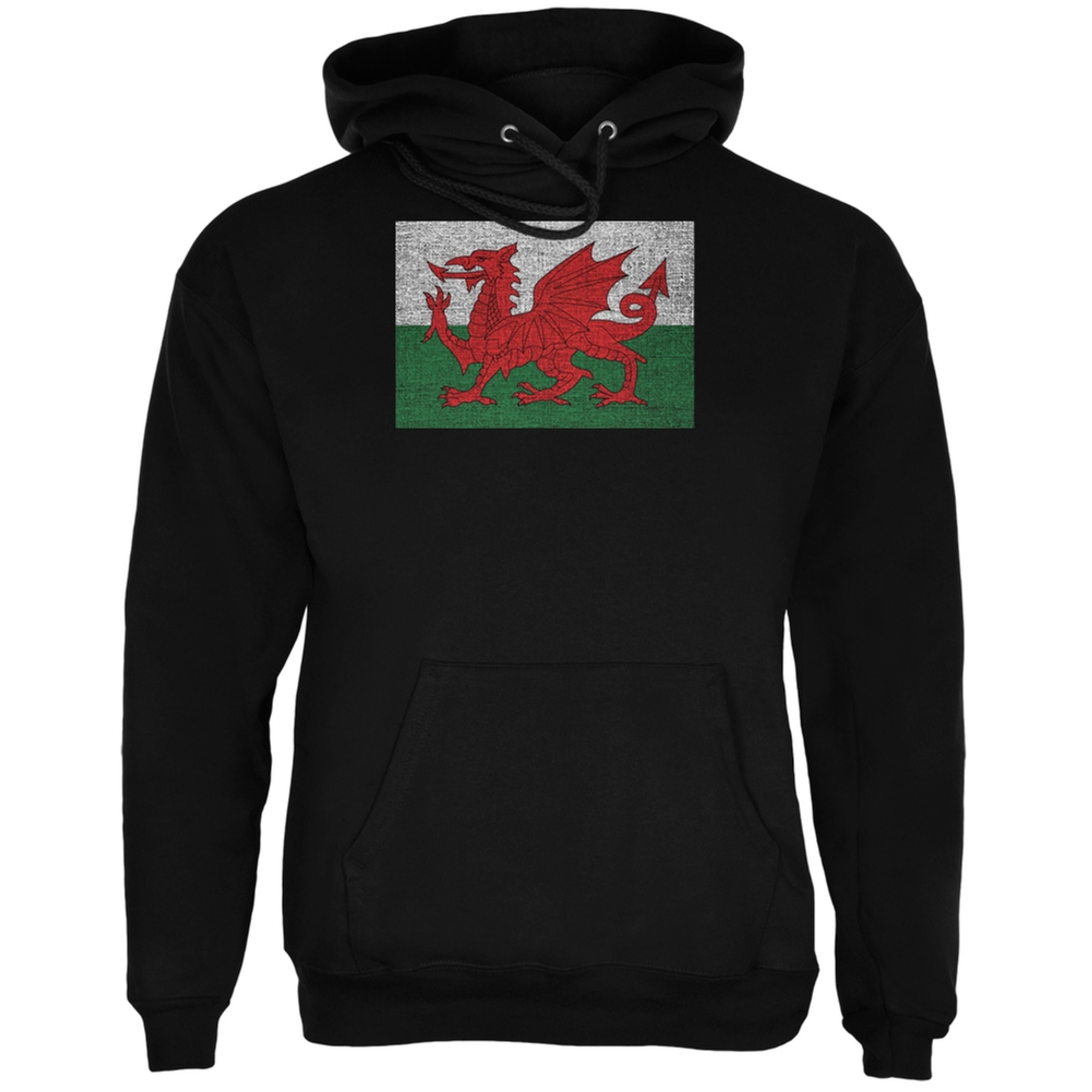Welsh Flag Distressed Black Adult Hoodie