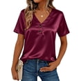 thumbnail image 2 of HVOBTTY Summer Women's Casual Solid Color V Neck Button Down Short Sleeve Business Blouse Top with Pocket Wine, S, 2 of 5