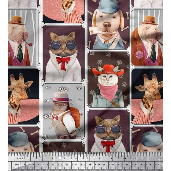 Soimoi Rayon Fabric Paw,Hat & Animals Patchwork Print Fabric by The Yard 42 Inch Wide