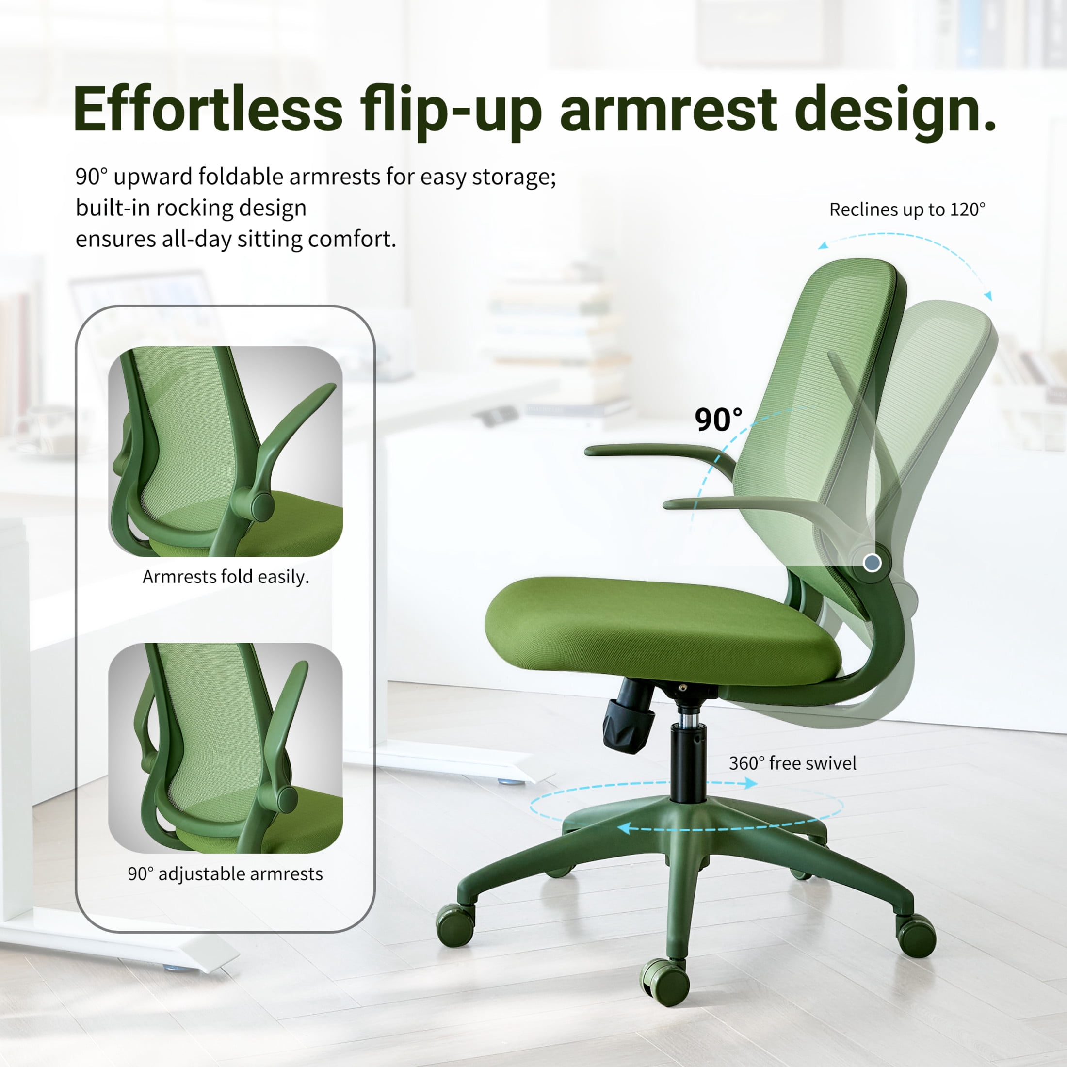 Noble House Ergonomic Mesh Swivel Office Chair, Lifting Multifunction Task Chair with Flip Arms and Mid-Backrest, Green