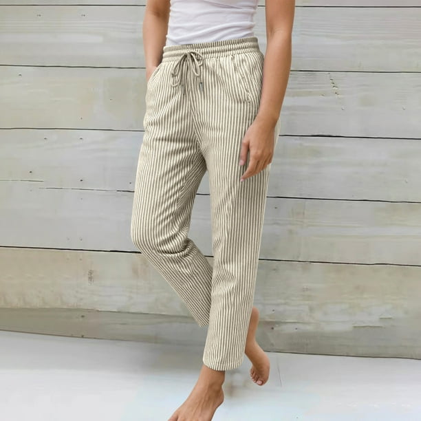 WILLBEST Pantalones Casuales de Verano para Mujer, Elásticos, de Cintura Alta, a Rayas, de Lino, con Pierna Ancha, Holgados, para Uso Diario. Chica