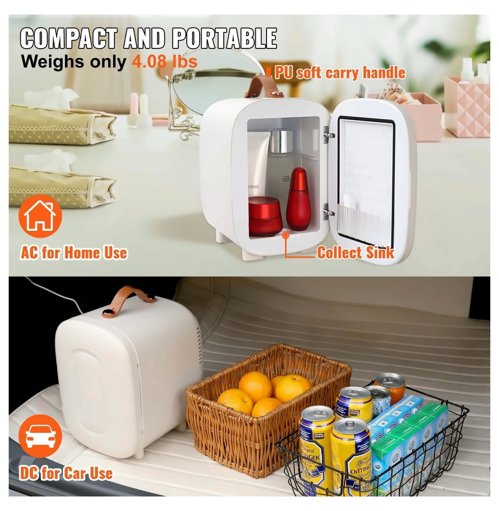 Mini Fridge 4L, Makeup Fridge for Skincare Drinks Breastmilk, AC/DC Cooler Warmer, Quiet Portable Refrigerator for Bedroom Office Dorm Car, ETL Listed, White