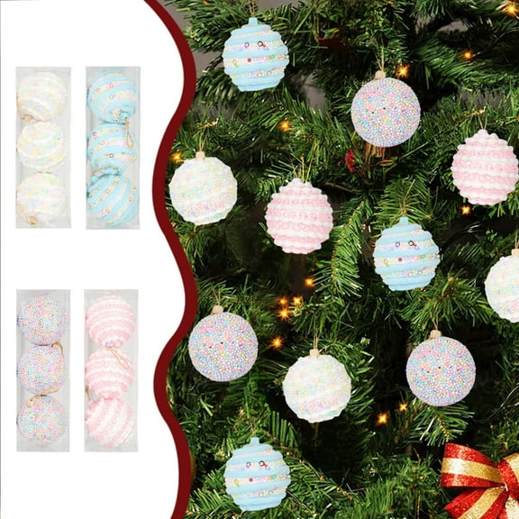 ABPWLY Home Christmas Ornaments 3-Pack 3.14 Inch Blue White Pink Multicolor Tree Decorations Bulbs Christmas