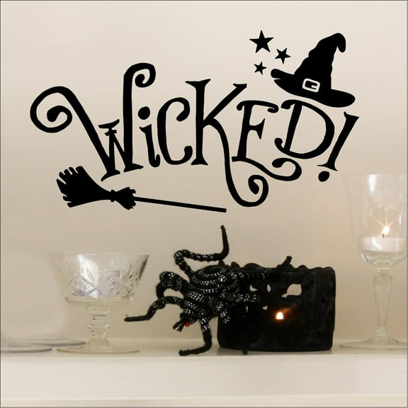 Halloween Wicked! Vinyl Lettering Wall Decal Witch Hat and Broom Star Decals Size: 6"H x 11"L  - Color: Black