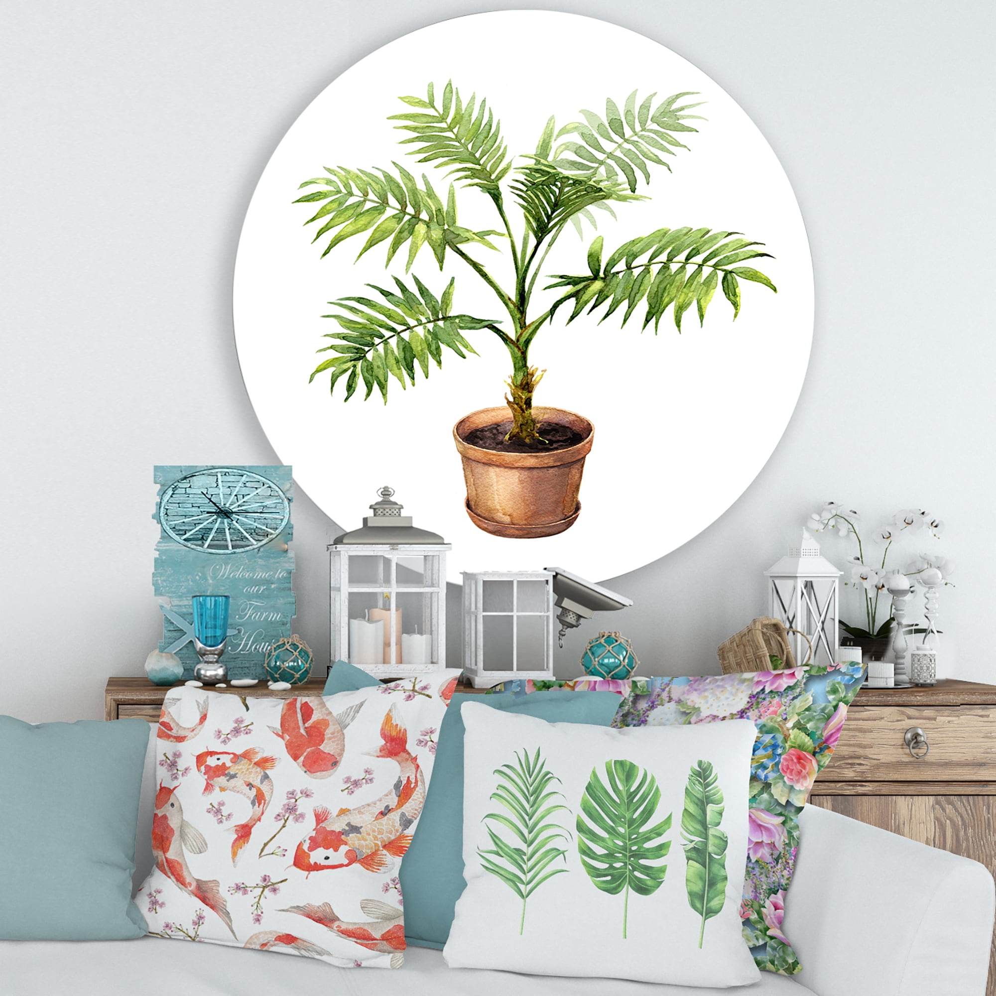 Designart 'Palm Plant In Clay Flowerpot' Traditional Circle Metal Wall Art 36x36 - Disc of 36