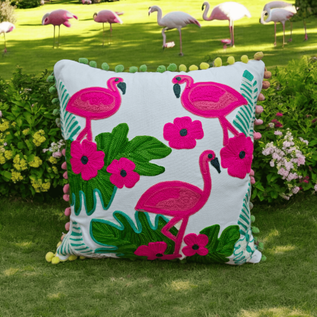 RMU Hand Made Birds Embroidered Cotton Colour Natural Cushion Cover (16 X 16 Inches Multi)