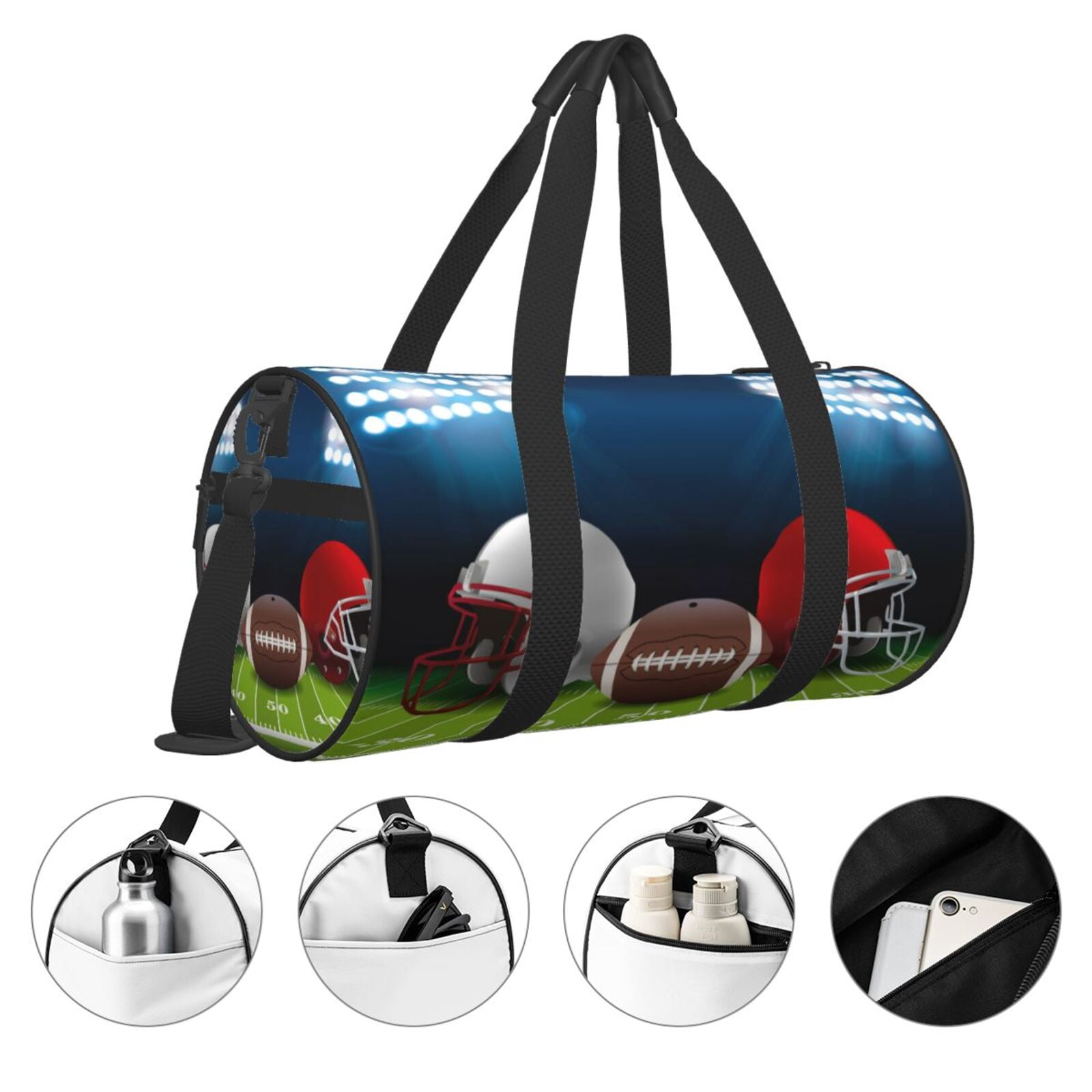 American Football Helmet Small Round Sport Duffel Bag,Soccer Field Shoulder Airport Travel Bag, Men Women Weekender Overnight Sleepover Carry-On Personalized Tote Pouch-17''