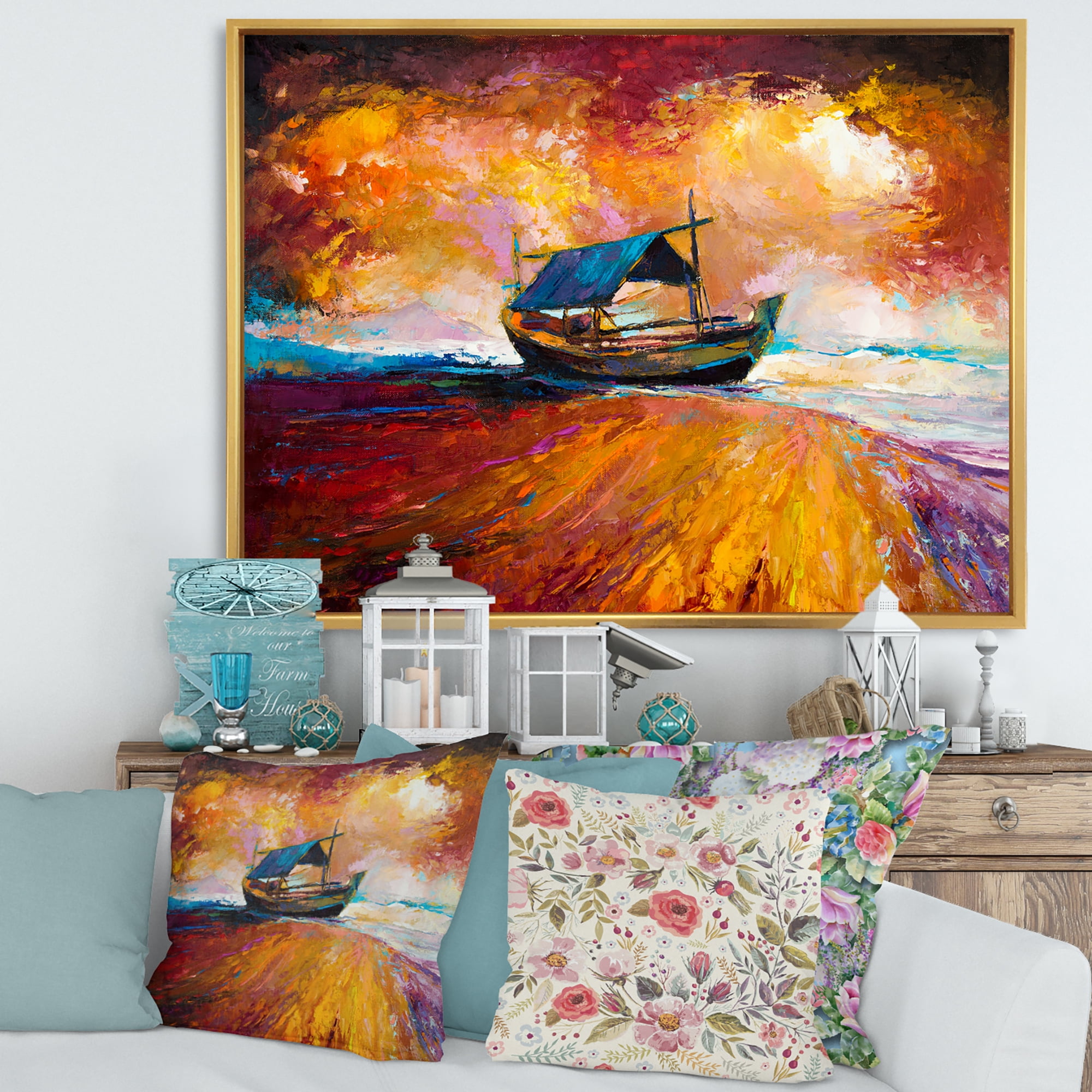 Traditional Fisherboat During Ocean Evening Glow 40 in x 30 in Framed Painting Canvas Art Print, by Designart