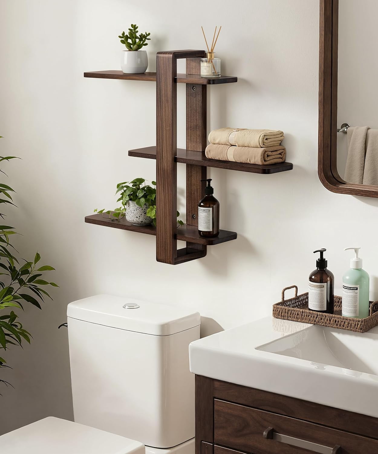 Gronda Walnut Floating Shelves for Living Room Bathroom Bedroom, Mid Century Modern Wood Wall Shelves, 3 Tier Adjustable Plant Wall Shelf, 20 Inch