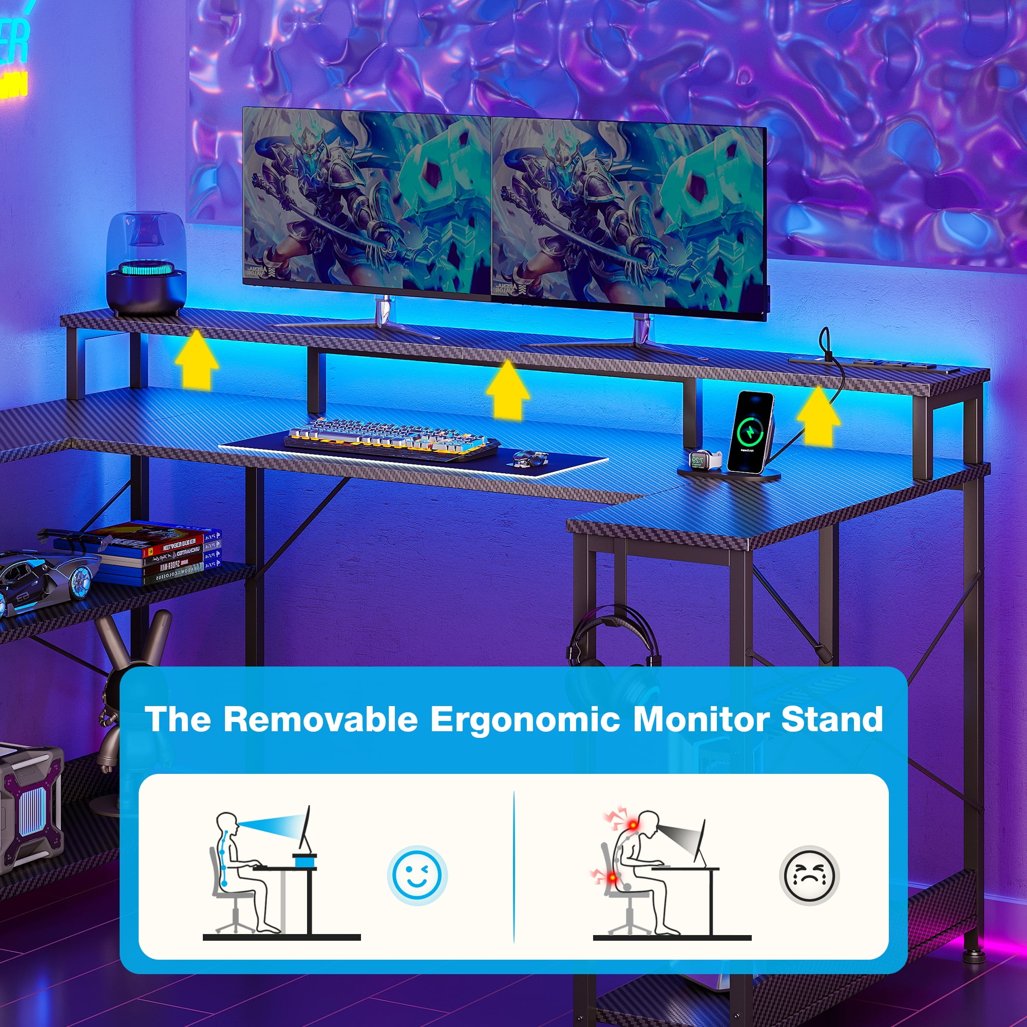 55 inch U Shaped Gaming Desk with Power Outlets & LED Light Strip, Home Office Desk with Storage Shelf, Suitable for Large Space, Gaming, Studying, Carbon Fiber Black