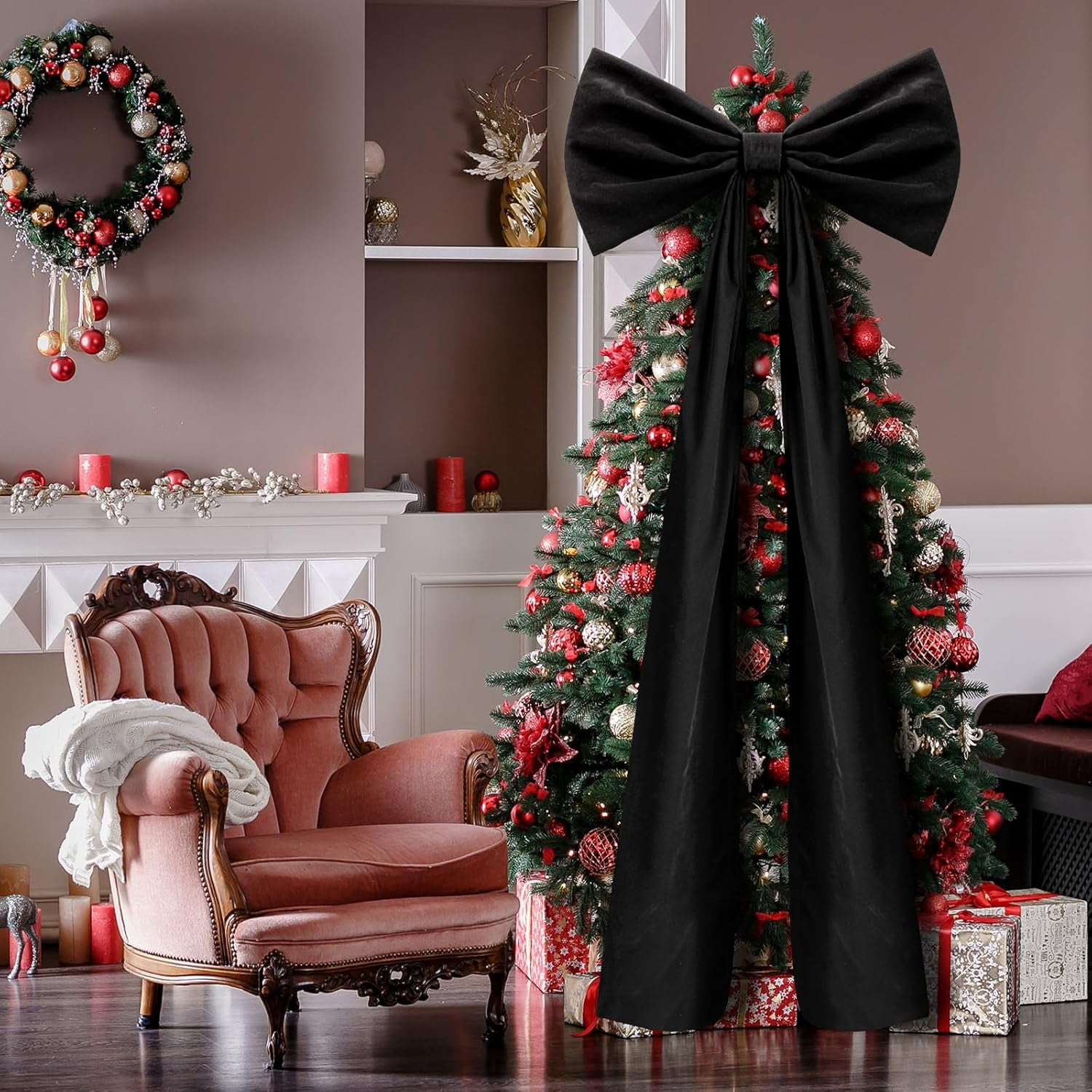 Guvpev 6FT Christmas Bows - Extra Large Black Velvet Bows for Christmas Tree Decor, Giant Xmas Tree Toppers Bows for Home, Windows, Wall, Mantel, Birthday, Wedding, Valentine's Day Party Decorations