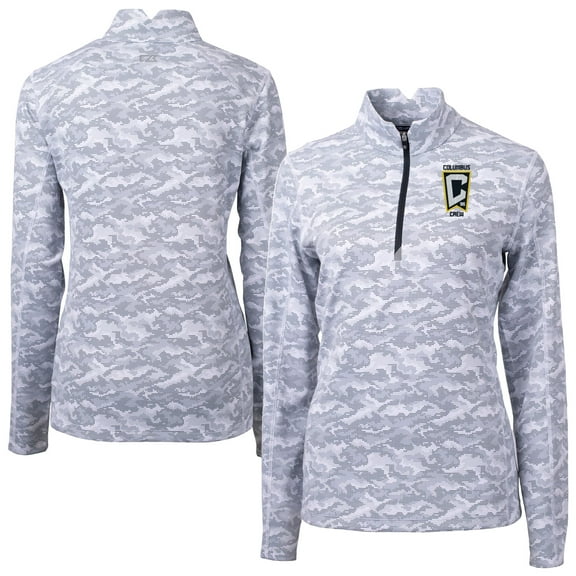 Women's-Cutter & Buck  Charcoal Columbus Crew Traverse Stretch Eco Camo Print Quarter-Zip Pullover Top