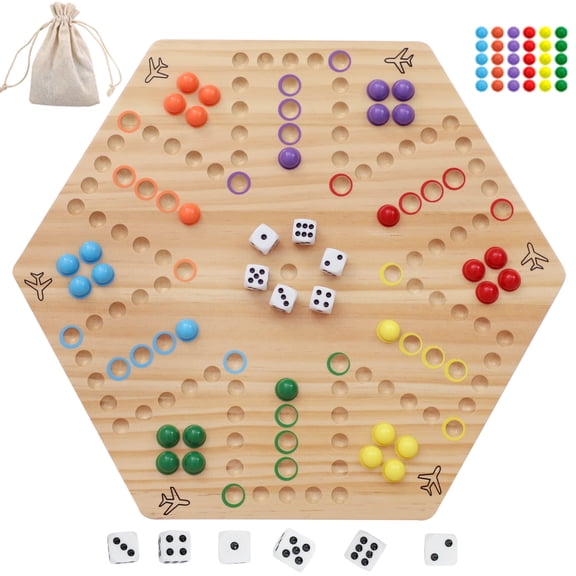 Grhonior Original Marble Game Wahoo Board Game Double Sided Painted Wooden Fast Track Board Game for 6 and 4 Players 6 Colors 24 Marbles 6 Dice for Family Friends