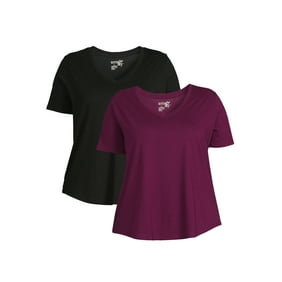 Terra & Sky Women's Plus Size V-Neck T-Shirt with Short Sleeves, 2-Pack