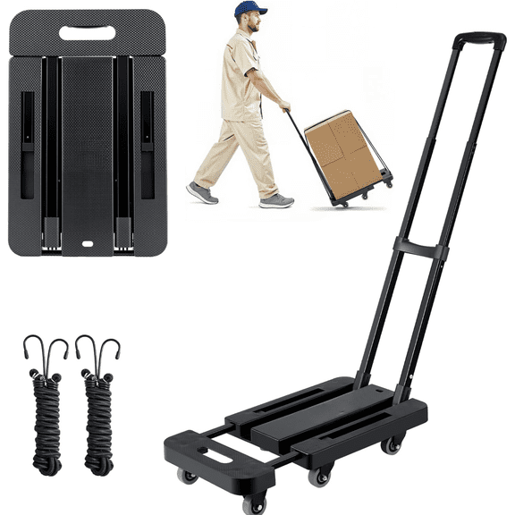 Folding Hand Truck, 500 lbs Load Capacity, Collapsible Luggage Cart with 6 Wheels, 2 Elastic Ropes & Expandable Base, Utility Dolly Platform Cart for Airport Travel Luggage Office Moving, Black