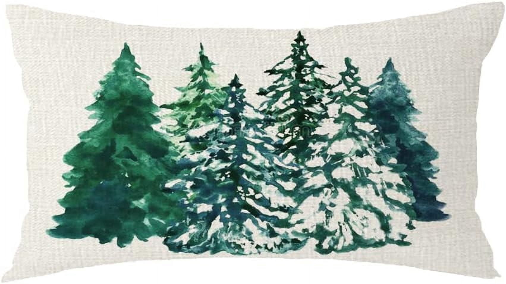 Set of 2 Merry Christmas Trees Cedar Pine Watercolor Painting for Holiday Lumbar Decorative Throw Pillow Cover Cushion Case Cotton Linen for Bed Sofa Holiday Outdoor 12x20inches