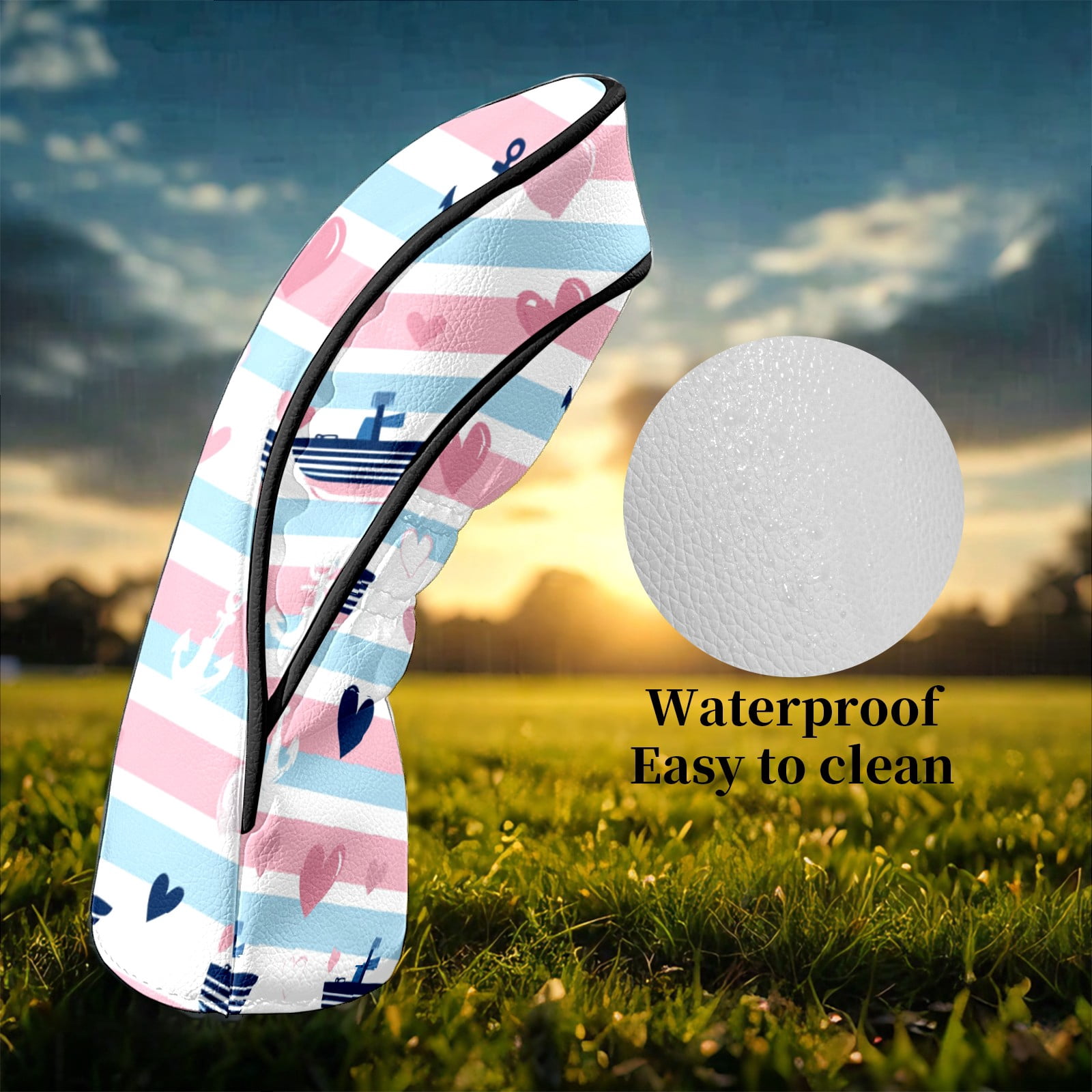 Golf Club Head Covers SailboatAnchor_PastelStripe Waterproof Leather Golf Head Covers for Men Women Driver Head Cover Fairway Headcover for Golf Lovers