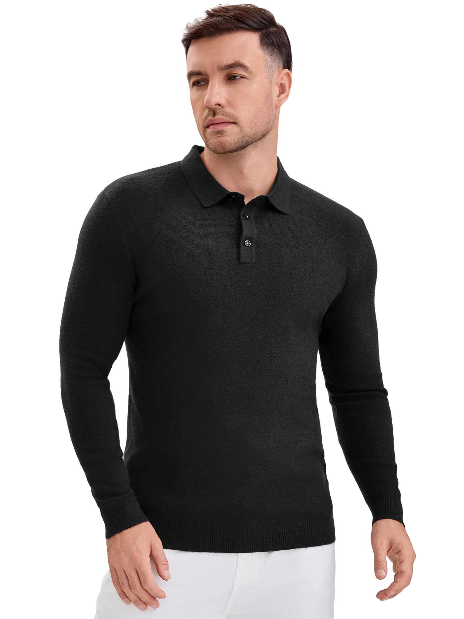 DARING DIVA Men's Long Sleeve Pullover Business Knitted Polo Shirt S Black