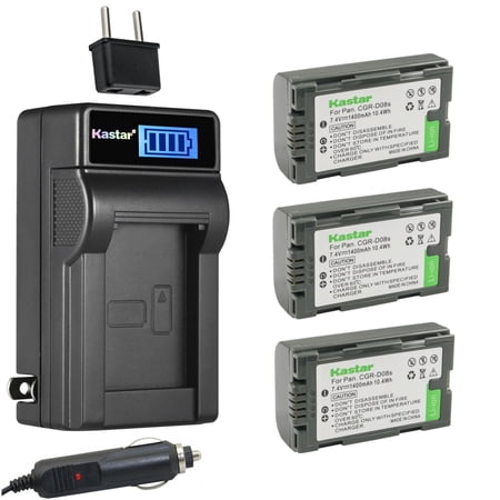 Kastar 3-Pack CGA-D08 Battery and LCD AC Charger Compatible with Panasonic CGA-D08, CGA-D08A/1B, CGA-D08R, CGA-D08S, CGA-D08SE/1B, Panasonic VDR-M10, VDR-M20, AJ-PCS060G(Portable Hard Disk)