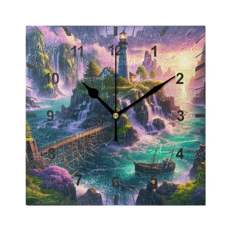 Lighthouse on Island and Bridge Wall Clock Battery Operated Silent Non-Ticking Bedroom Office Kitchen Home School Decor 7.8(Black)
