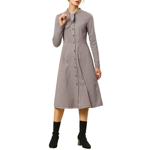 Unique Bargains Women's Plaid Houndstooth Button Up Tie Neck Midi