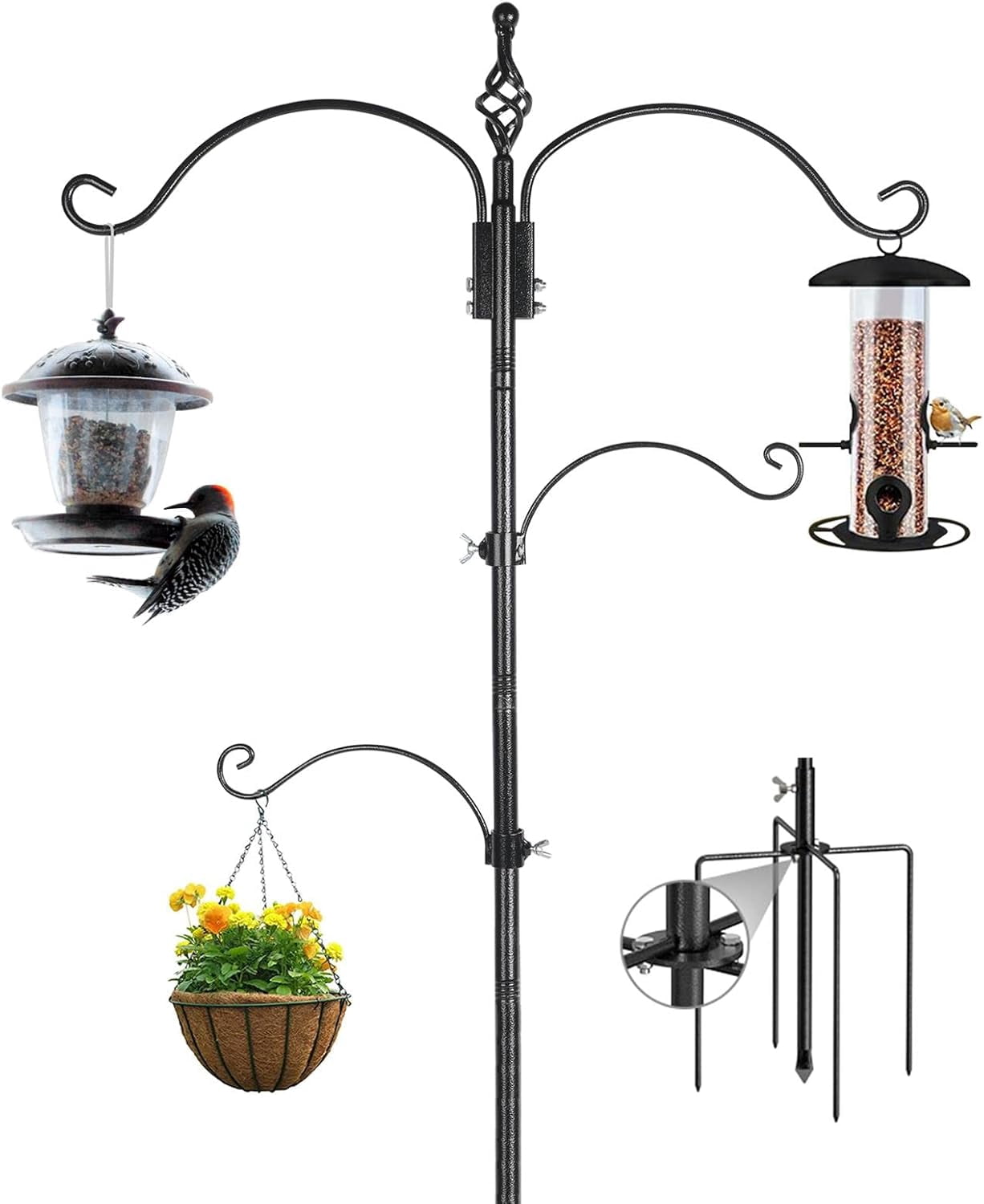Bird Feeding Station Pole 63 Inches with Multi Hook and 5-Prong Anchor Base for Wild Bird Watching and Outdoor Hanging