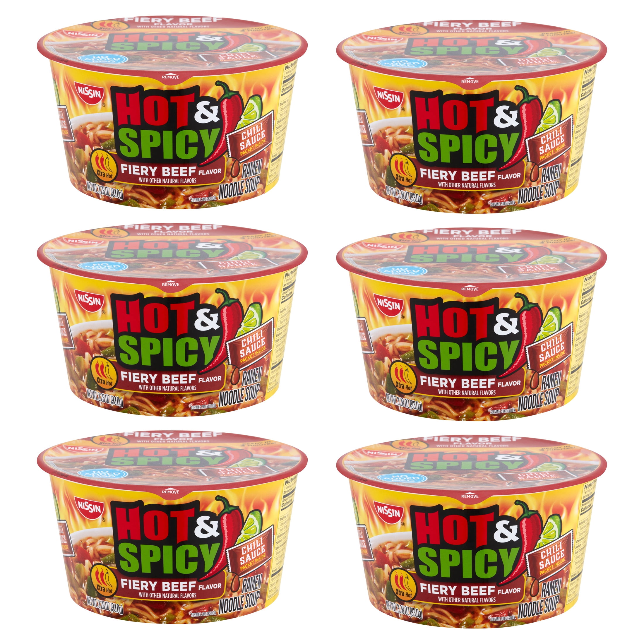 (6 pack) Nissin Bowl Noodles Hot & Spicy Beef Flavor Ramen Noodle Soup, 3.28 Oz