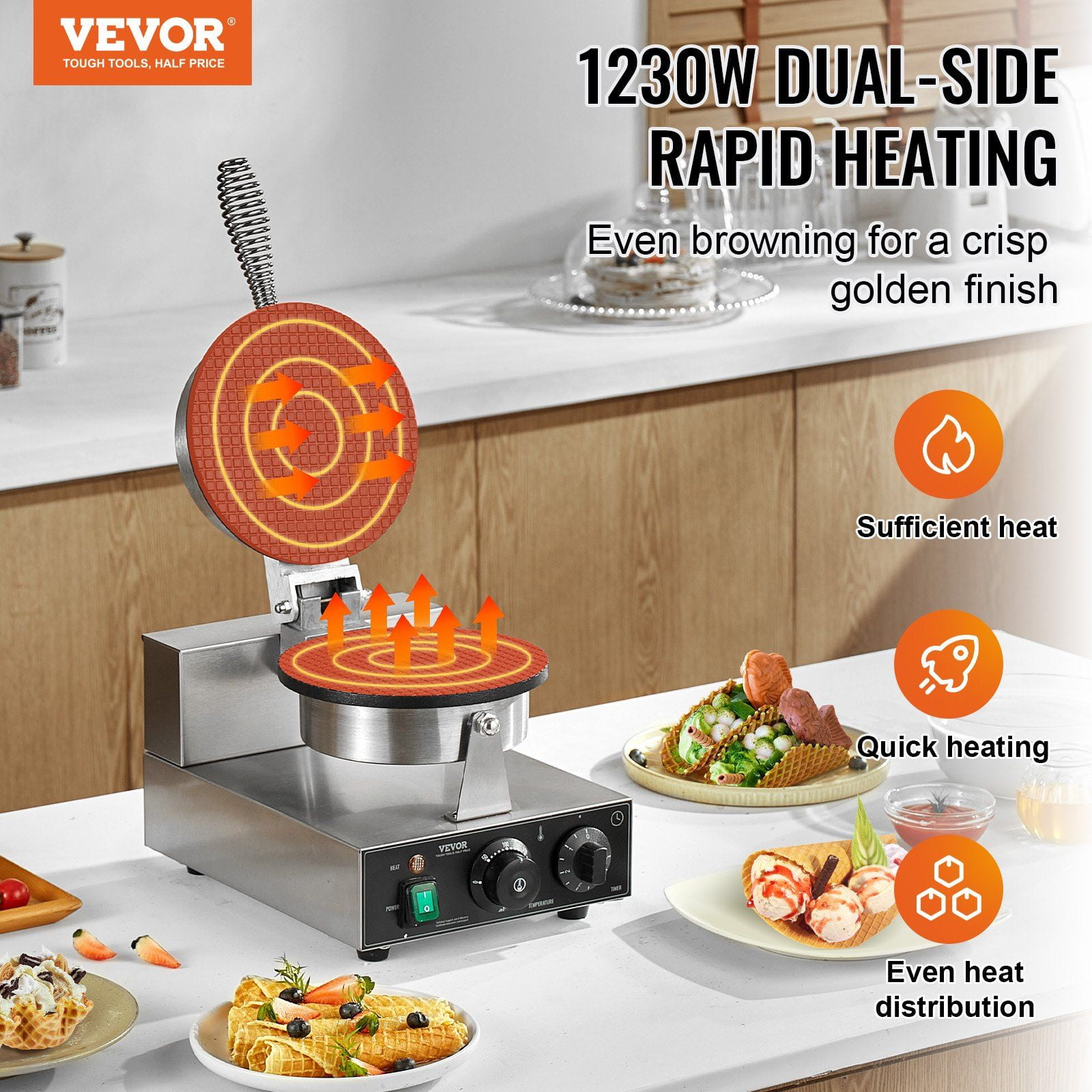 Commercial Electric Ice Cream Cone Maker 1230W Waffle Cone Machine Non Stick Stainless Steel Egg Roll Mold with Temperature Time Control Handle for Restaurant Bakery Snack Bar Family