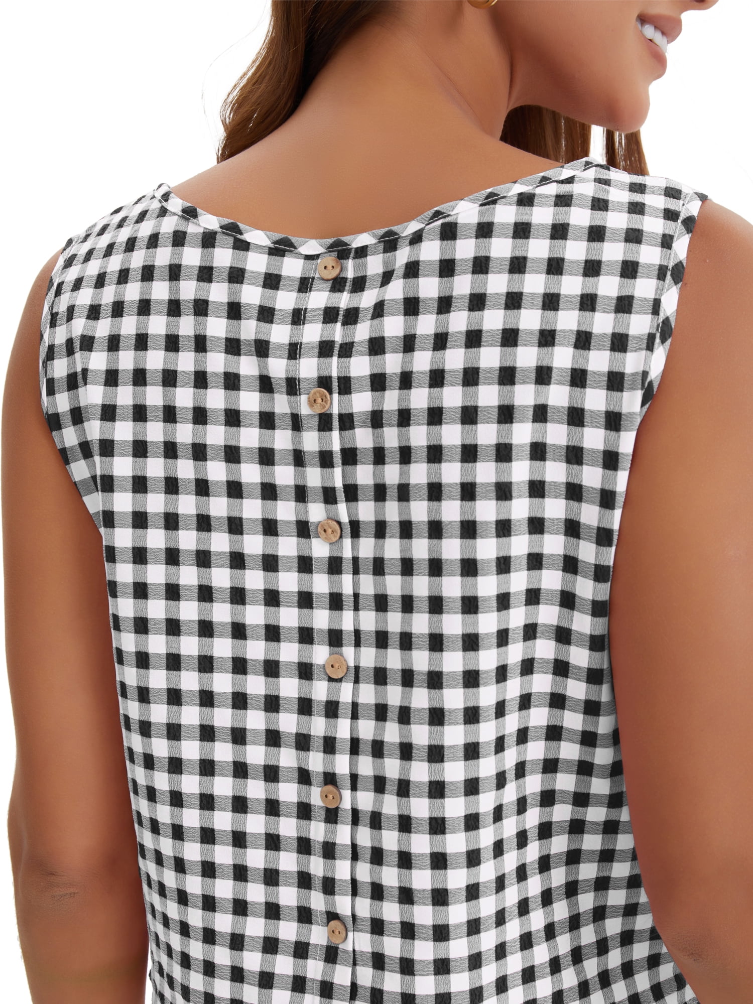 DARING DIVA Women's Gingham Summer Crop Tank Tops Button Back Sleeveless Shirts L Black