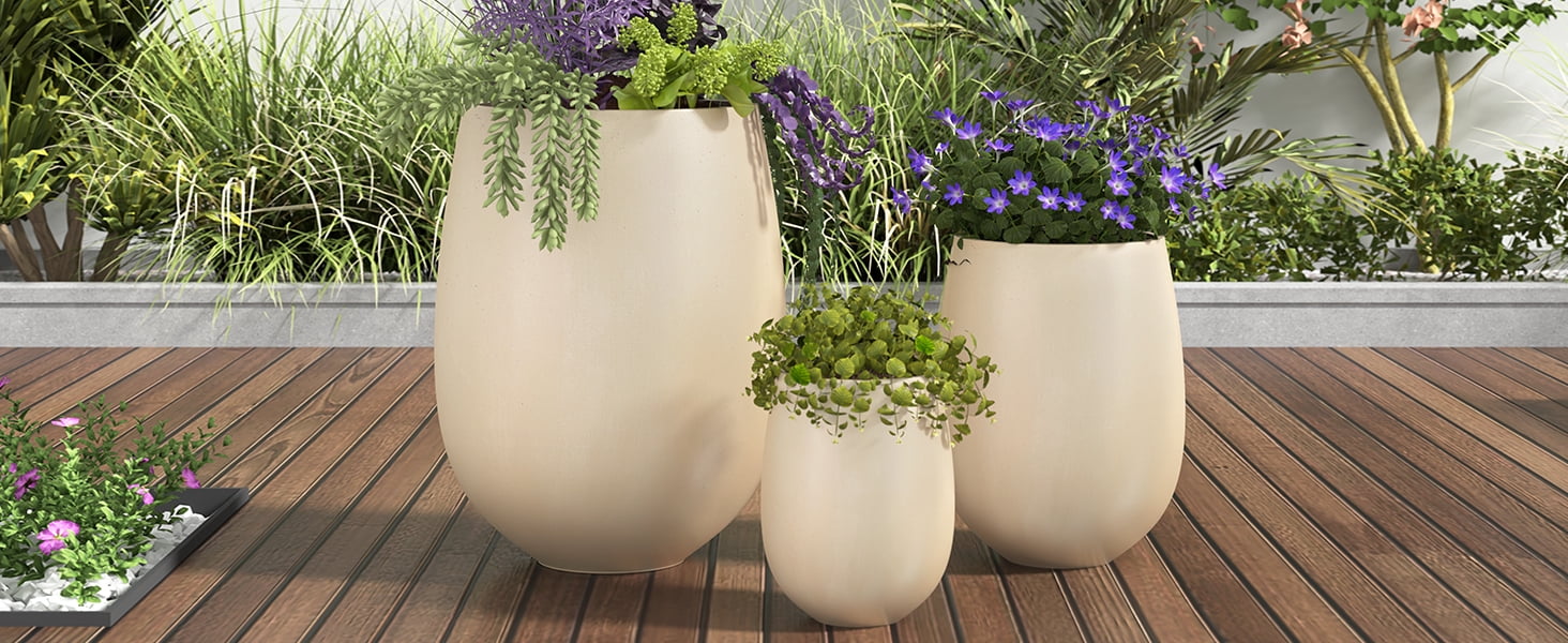 Mintazer Modern Planter Set of 3, 15.6"/10.74"/7.3" Round Stackable Flower Pots with Drainage Holes, Decorative Plant Pots for Indoor & Outdoor, Beige